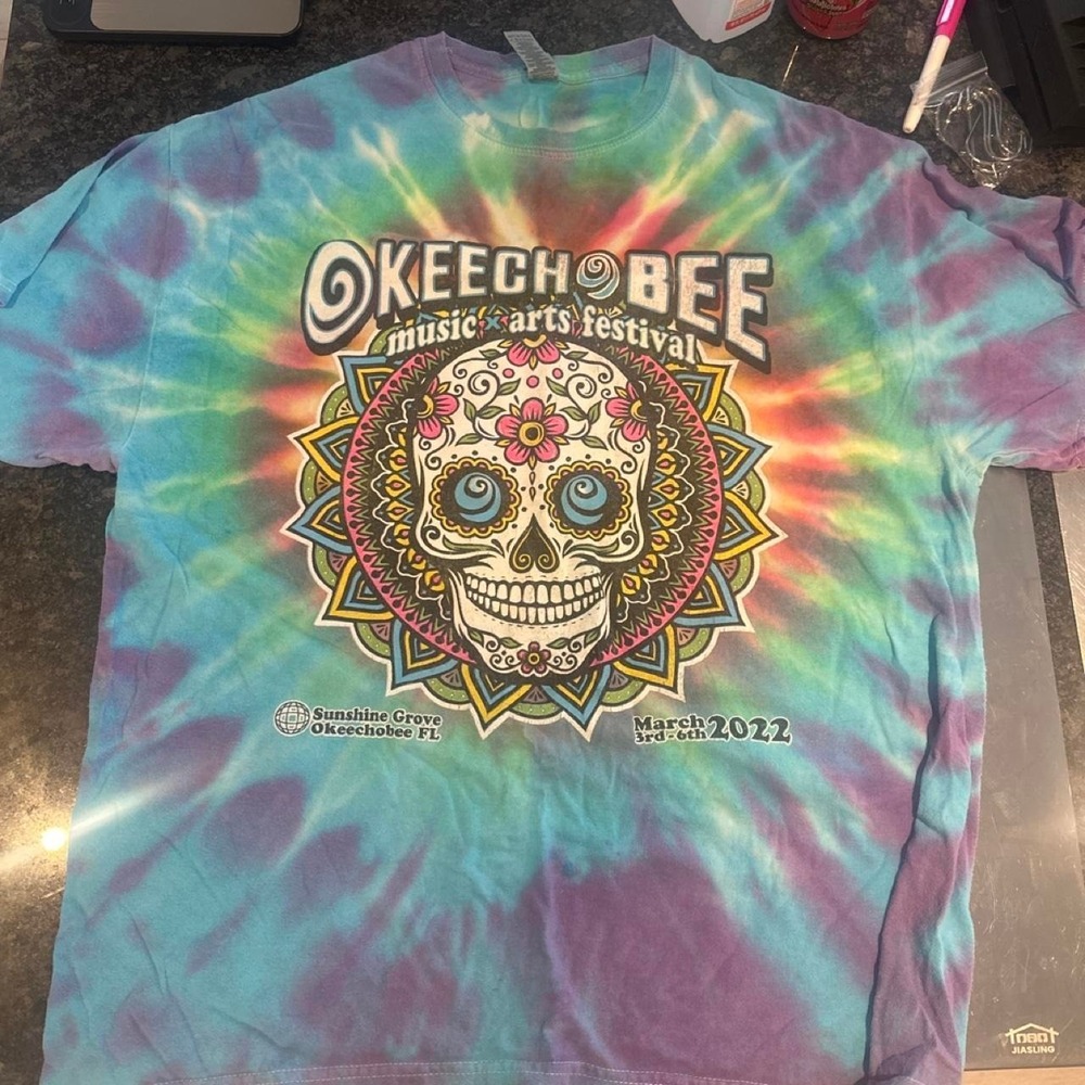 Okeechobee Music Festival 2022 tie-dye tee with sugar skull graphic